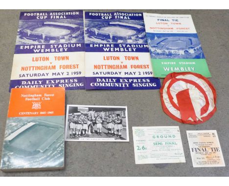 Football; 1959 FA Cup Final programme, Nottingham Forest v Luton Town, final ticket stub, semi-final ticket stub, hymn sheet,