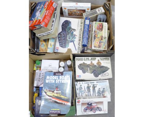 A collection of plastic model kits including Airfix, Matchbox and Tamiya and a box of assorted items including two Altaya fig