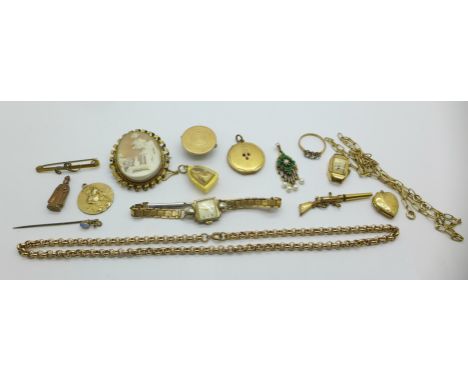 Gold plated jewellery, etc., including a novelty gun watch key, an Ebel wristwatch and a cameo brooch, (locket and pin each l