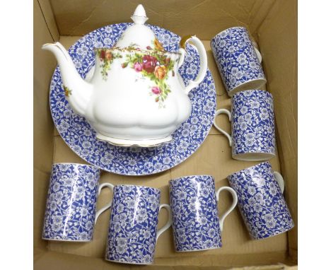 Six Edwardian Calico by Queen's dinner plates and mugs and a Royal Albert Old Country Roses teapot **PLEASE NOTE THIS LOT IS 
