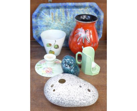 A Bretby tray, a Poole vase, Radford candlestick, a Bretby pebble vase, Poole owl, Radford planter and a Royal Cauldon chambe