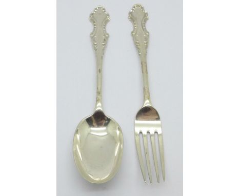 A silver christening spoon and fork, 64.3g 
