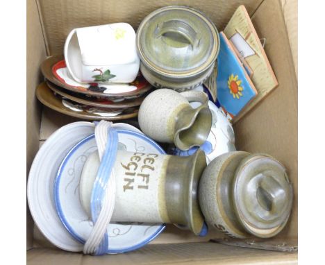 A collection of stoneware and ceramic items including Mike Foster gypsy pottery, Welsh Tregaron stoneware, plaques, plates, e