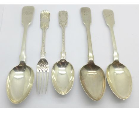 A Victorian silver christening fork and spoon and three other 19th Century silver spoons, 188g 