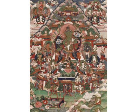 A THANKGA OF GREEN TARA OF THE SANDALWOOD FOREST, YURLOD KURPA, TIBET, 18TH - 19TH CENTURY 十八至十九世紀西藏綠度母淨土 Gold and distemper 