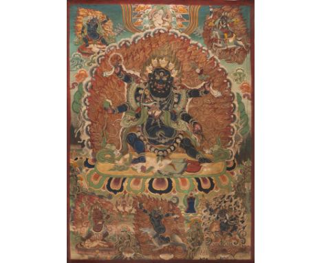 A THANGKA DEPICTING SHADBHUJA MAHAKALATibet, 19th to mid-20th century. Distemper and gold on cloth. Finely painted, the six-a
