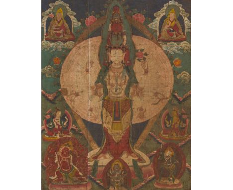 A LARGE THANGKA OF AVALOKITESHVARA SAHASRABHUJA, TIBET, 18TH-19TH CENTURYDistemper and gold on cloth. Finely painted with ele