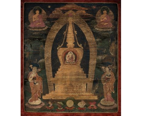 A THANGKA OF A BUDDHIST STUPA, TIBET, 18th-19th CENTURY 十八至十九世紀西藏佛塔唐卡Gold and distemper on cloth with a silk brocade mounting