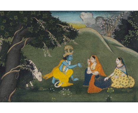 AN INDIAN MINIATURE PAINTING DEPICTING KRISHNA'S TRYST WITH RADHAIndia, 19th century. Gilt, watercolors, and ink on paper. De