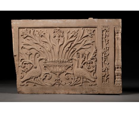 A MUGHAL PINK SANDSTONE CHINI KANA PANEL WITH PEACOCKSExpert's note: This type of decoration was referred to as Chini Kana, a