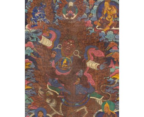 A LARGE THANGKA DEPICTING DORJE DROLO, TIBET, 19TH-20TH CENTURYDistemper and gold on cloth. The fierce deity engulfed in flam