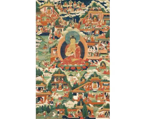 AN EXCEPTIONALLY FINE THANGKA OF BUDDHA SHAKYAMUNI AND CLASSIC BUDDHIST TEACHING STORIES, NEW MENRI STYLE, TIBET, 18TH CENTUR