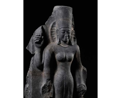 A BLACK STONE FIGURE OF DURGA MAHISHASURAMARDINI, PRE-ANGKOR PERIOD, KHMER, 7TH CENTURYOpinion: Looking at Phnom Da style scu