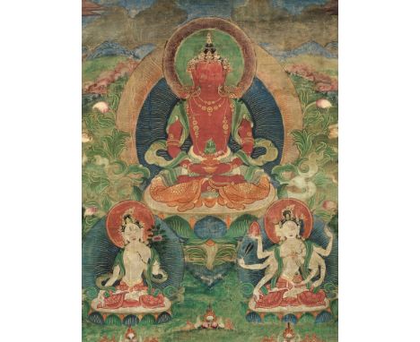 A THANGKA OF RED AMITAYUS, TIBET, 18TH CENTURY 西藏十八世紀無量壽佛唐卡Distemper and gold on cloth, with a silk brocade mounting. The red