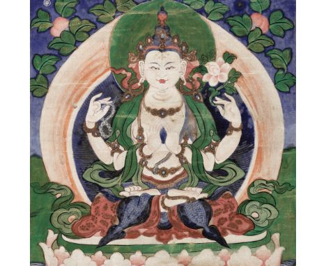 A THANGKA OF CHATURBHUJA AVALOKITESHVARA, TIBET, 18TH-19TH CENTURY 西藏十八至十九世紀四臂觀音Distemper on cloth. Seated on a lotus pedesta