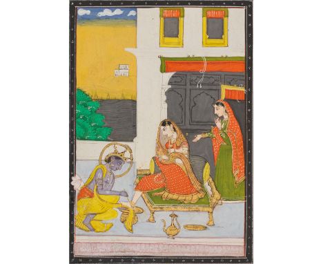 AN INDIAN MINIATURE PAINTING OF KRISHNA PAINTING RADHA'S FEETIndia, 19th century. Gilt, watercolors, and ink on paper. Depict