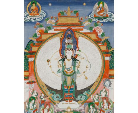 A THANGKA OF AVALOKITESHVARA SAHASRABHUJA  Tibet, 18th century. Distemper and gold on cloth. Standing atop a cushion resting 