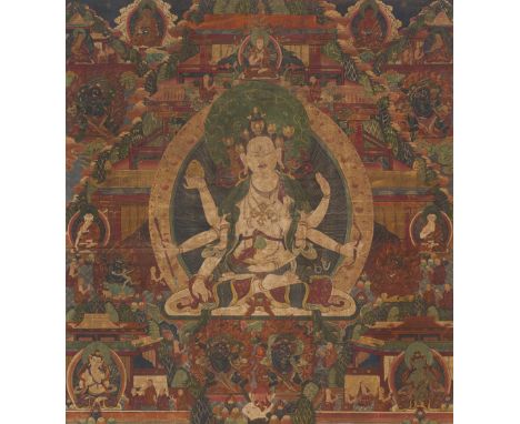 A FINE THANGKA DEPICTING USHNISHAVIJAYA, TIBET, 18TH-19TH CENTURYDistemper and gold on cloth. The three-headed and eight-arme