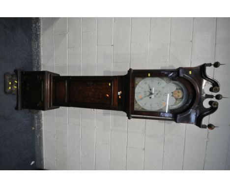 A GEORGIAN OAK CASED EIGHT DAY LONG CASE CLOCK, with a mahogany hood, three brass finials and swan neck pediment, a domed gla