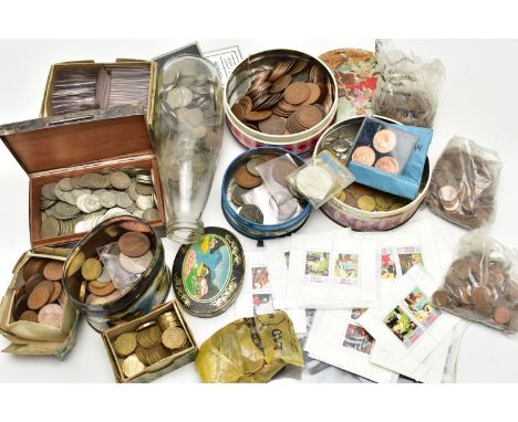 A HEAVY CARDBOARD BOX CONTAINING MAINLY 20th CENTURY COINAGE TO INCLUDE: OVER 900gr of .500 Silver Halfcrowns to Sixpences in