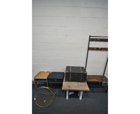 A MODERN WOOD AND METAL COAT/HAT STAND, with seat and shoe rack, width 70cm x depth 33cm x height 176cm, an FSC partially pai