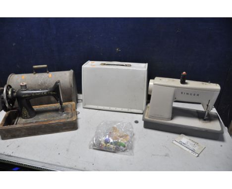 TWO VINTAGE SINGER SEWING MACHINES along with a metal deed box bearing the name (mrs emily lyons) and a Shower force mirage i