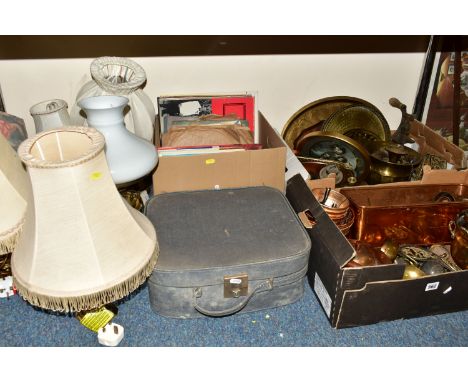 THREE BOXES AND LOOSE METAL WARES, BOOKS, RECORDS, LAMPS AND SUNDRY ITEMS, to include a copper fish kettle/planter height 13.