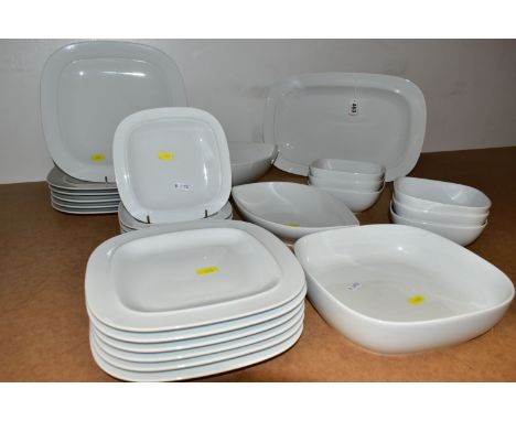 A GROUP OF WHITE SQUARES BY DENBY DINNER WARES, comprising a large platter, length 40cm x width 27cm, six cereal dishes, a se