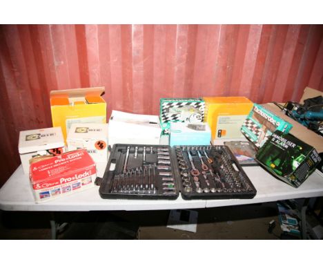A SELECTION OF AUTOMOTIVE TOOLS AND ACCESSORIES including a Halfords Socket set, two Gunsons Tachostrobes, two Cibie Fog ligh