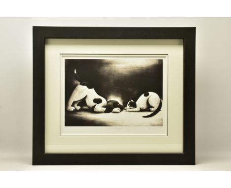 DOUG HYDE (BRITISH 1972) 'CLOSE TO YOU', a signed limited edition print depicting a cat and a dog nose to nose, 116/395, with