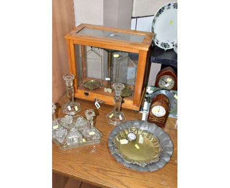 A SET OF BALANCE SCALES, CLOCKS AND MISCELLANEOUS ITEMS, comprising a glass cased set of Philip Harris Ltd brass balance scal