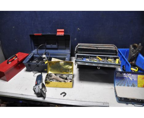 A SELECTION OF TOOLS to include two metal toolboxes containing various tools, spanners, calipers, hole saw bits, clamps, ratc