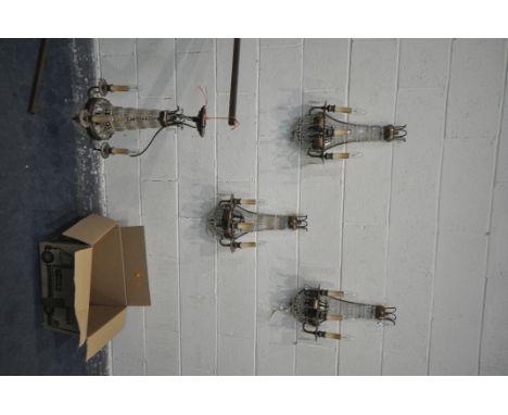 FOUR CRYSTAL AND METAL WALL LIGHTS AND ONE CENTRE LIGHT drop 66cm and four candle bulbs, wall light with three candle  bulbs 