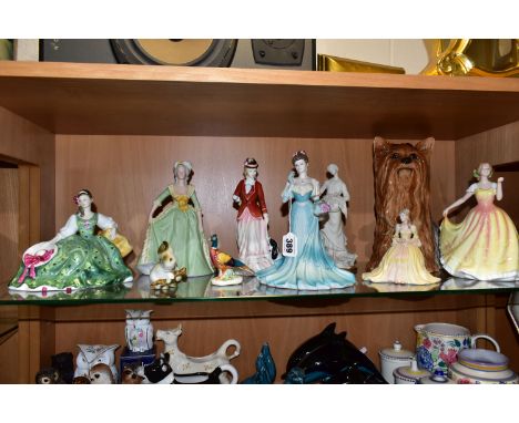 A GROUP OF COALPORT, ROYAL DOULTON AND BESWICK LADY AND ANIMAL FIGURES, ETC, including two Coalport ladies 'Age of Elegance -