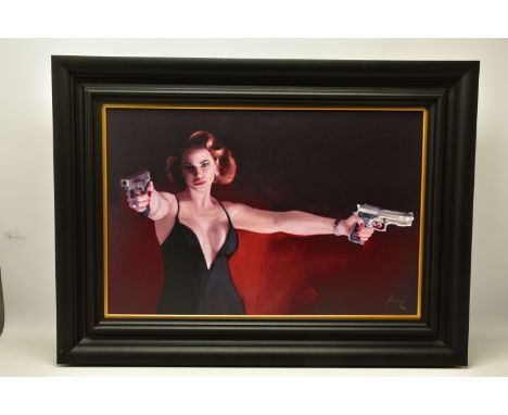 VINCENT KAMP (BRITISH CONTEMPORARY) 'CANDY CLEANS UP' a signed limited edition print of a female holding two 9mm pistols, 22/