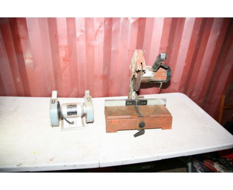 A VINTAGE CAST IRON METAL CUTTING CHOP SAW (no cable untested) and a Beva Bench Grinder (untested)