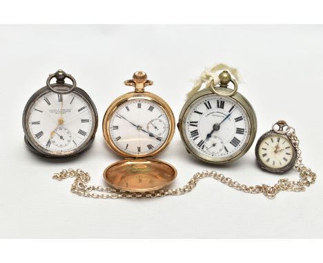 A COLLECTION OF FOUR POCKET WATCHES, to include an open face Simpsons (Brighton) Ltd key wound, white metal pocket watch, whi