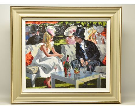 SHERREE VALENTINE DAINES (BRITISH 1959), 'ASCOT GLAMOUR', a signed limited edition print of figures at a racecourse, 49/195 w