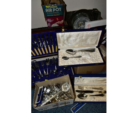 TWO BOXES OF METALWARE AND A CANTEEN OF CUTLERY, to include a wooden canteen of Viners Ltd cutlery Rd No 716883, a stainless 