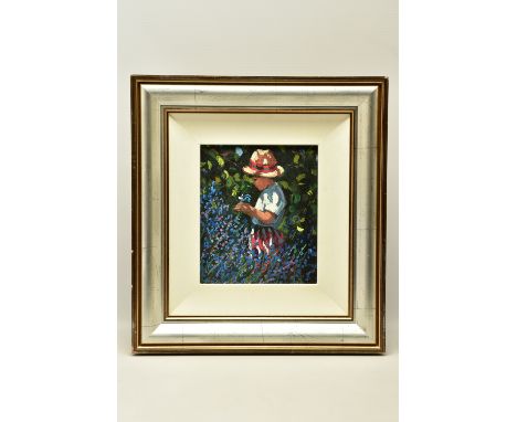 SHERREE VALENTINE DAINES (BRITISH 1959) 'PICKING BLUEBELLS', a limited edition print on board 97/195 of a child picking flowe