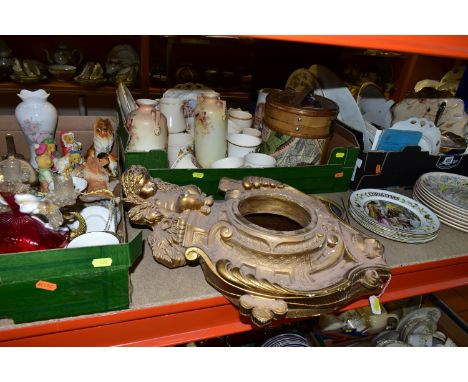 THREE BOXES OF CERAMICS AND HOUSEHOLD ORNAMENTS, to include a gilt wall hanging clock surround with a cherub on top, a Murano