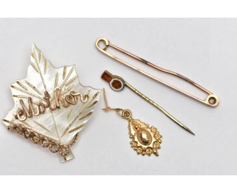 A SELECTION OF 9CT GOLD, SILVER AND YELLOW METAL JEWELLERY, to include a plain bar brooch, stamped 'W.W.&amp;Co' 9ct, approxi