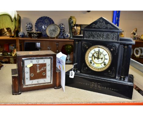 TWO MANTEL CLOCKS BOTH WITH KEYS AND PENDULUMS,  comprising an Art Deco style wooden and chrome cased mantel clock by Smiths 