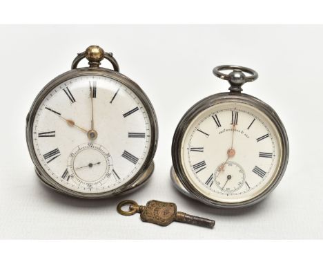 TWO OPEN FACE POCKET WATCHES AND WATCH KEY, the first a silver open face pocket watch, key wound, round white dial, Roman num