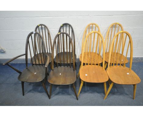 A SET OF EIGHT ELM SEATED ERCOL QUAKER WINDSOR STYLE CHAIRS, Including one carver, four stained and four blond elm, (conditio
