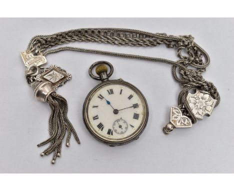 A SMALL OPEN FACE POCKET WATCH AND ALBERTINA, the manual wind pocket watch with round white dial, Roman numerals, subsidiary 