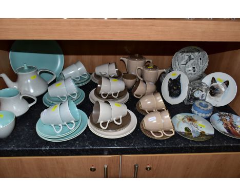 A COLLECTION OF POOLE POTTERY TEAWARES,  comprising a Poole twin-tone 'Ice Green' and 'Seagull' coloured tea set of teapot, m