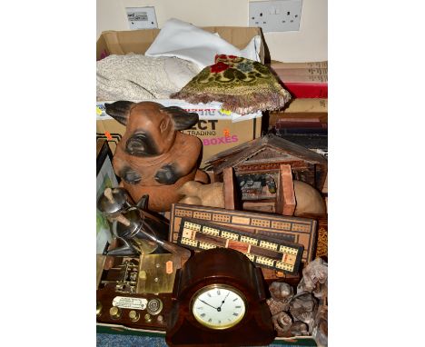 THREE BOXES OF TREEN AND HOUSEHOLD SUNDRIES, to include hand carved wooden pig bookends, a group of hand carved wooden figure