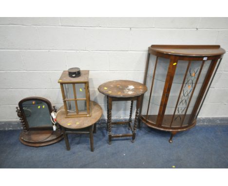 A MID CENTURY WALNUT DEMI LUNE SINGLE DOOR DISPLAY CABINET, with two glass shelves, on cabriole legs, width 78cm x depth 30cm