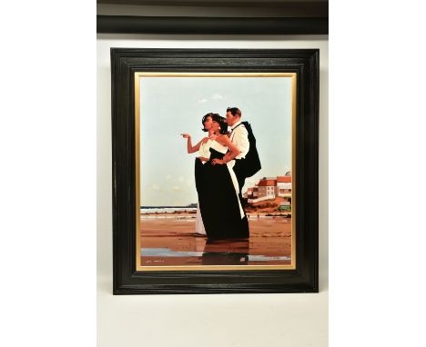 JACK VETTRIANO (SCOTTISH 1951) 'THE MISSING MAN II', a signed limited edition print depicting male and female figures on a be
